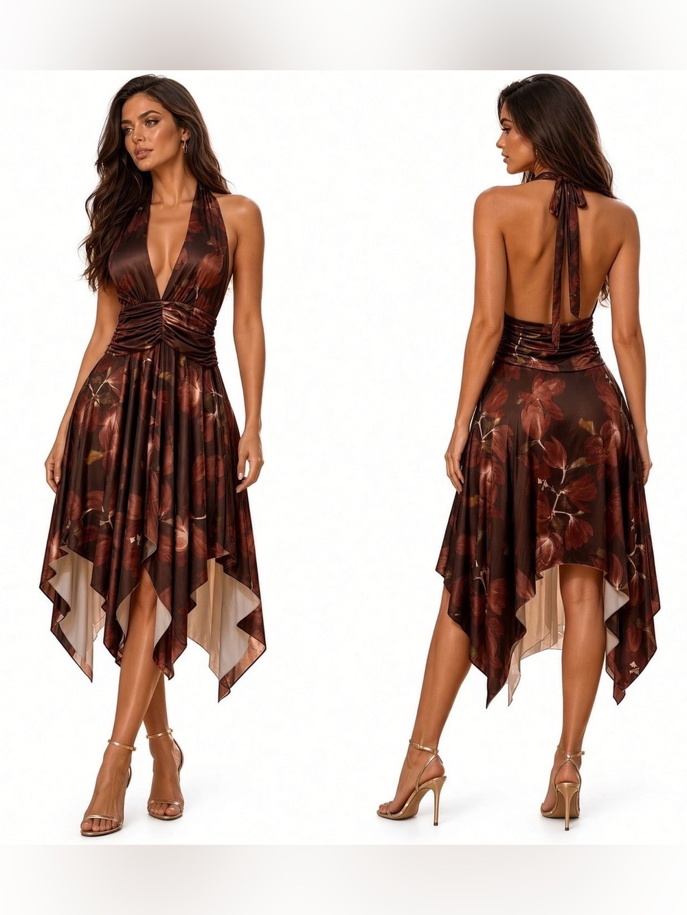 Floral Halter Asymmetrical Handkerchief Dress - Brown